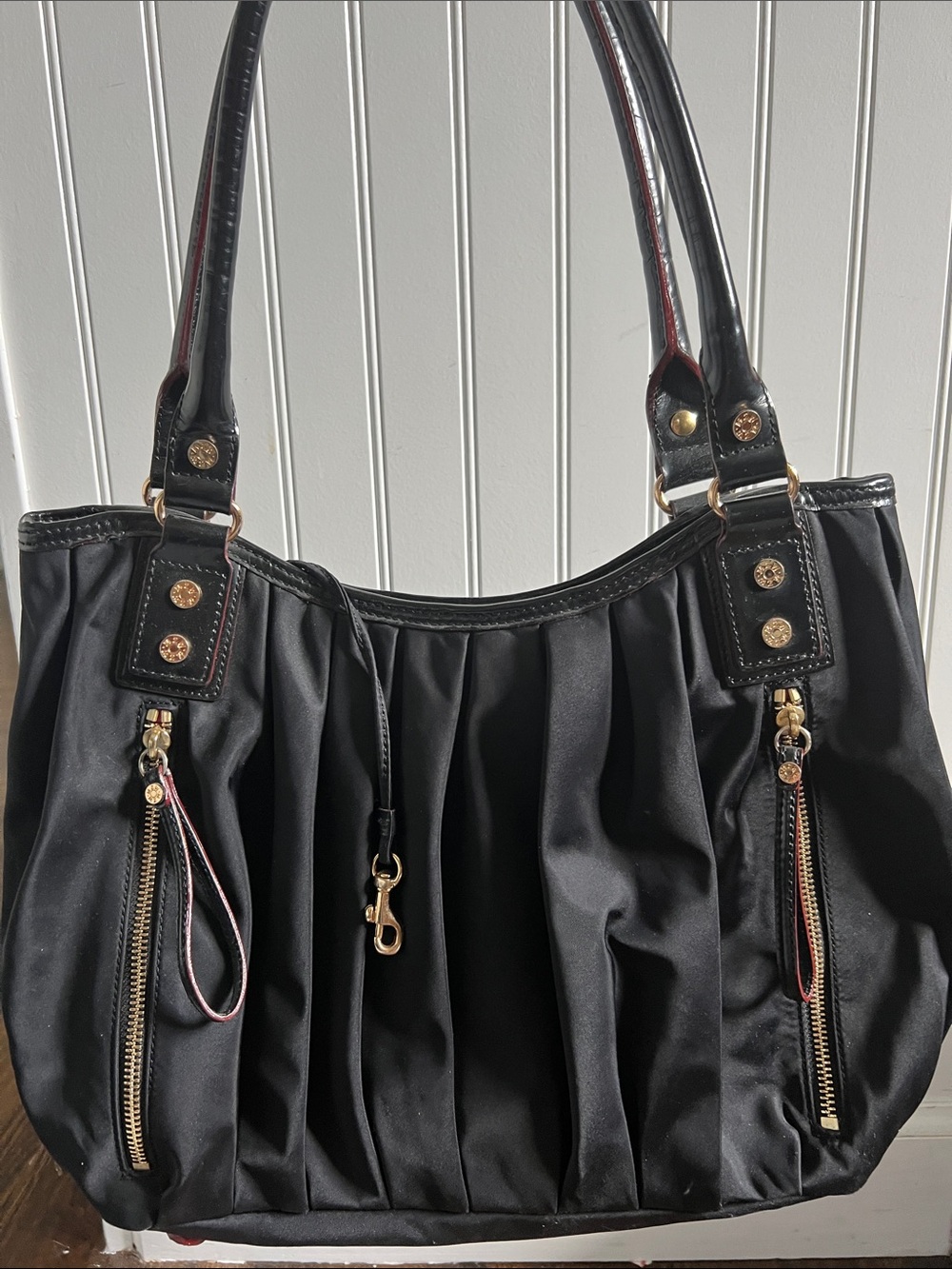 MZ Wallace Black Pleated Nylon Shoulder Bag with Gold Accents and Pink Interior
